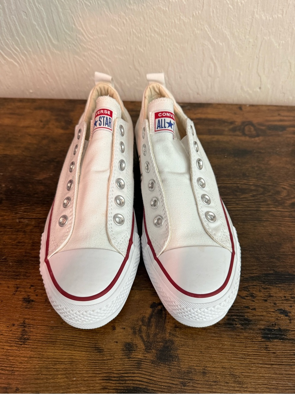 Converse White Slip-On Low Top Sneakers with Red & Navy Trim - Picture 2 of 5
